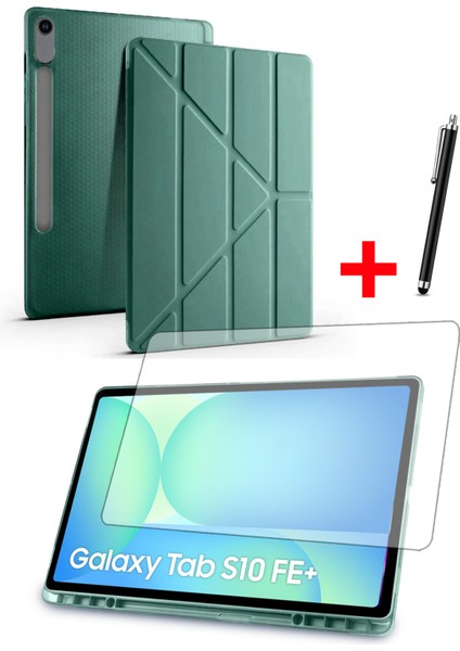 Samsung Tab S10 FE Plus 13,1” Uyumlu Tri-Folding Kalem Bölmeli Standlı Kılıf Ekran Koruyucu Kalem Set