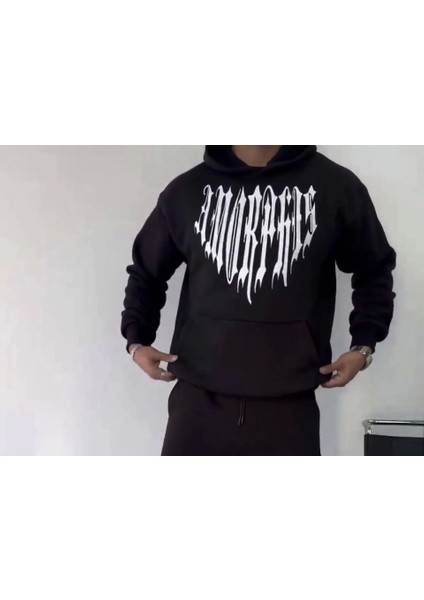 Uzun Kol Kapşonlu Baskılı Sweatshirt - Siyah