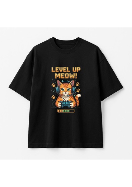 Gamer Kedi Baskılı Oyuncu Temalı Unisex Bisiklet Yaka Pamuk Oversize T-Shirt fiyatları