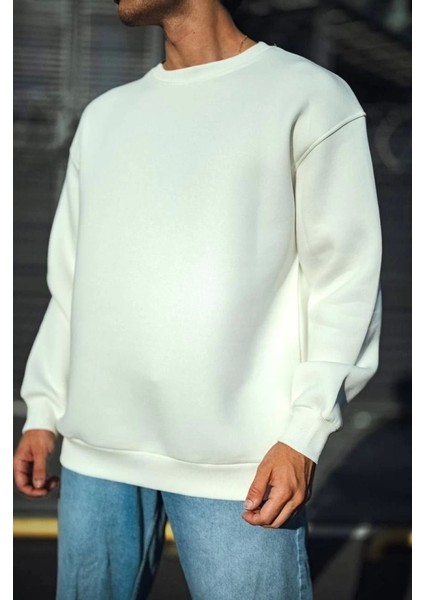 Kışlık Bisiklet Yaka Üç Iplik Basic Sweatshirt - Beyaz