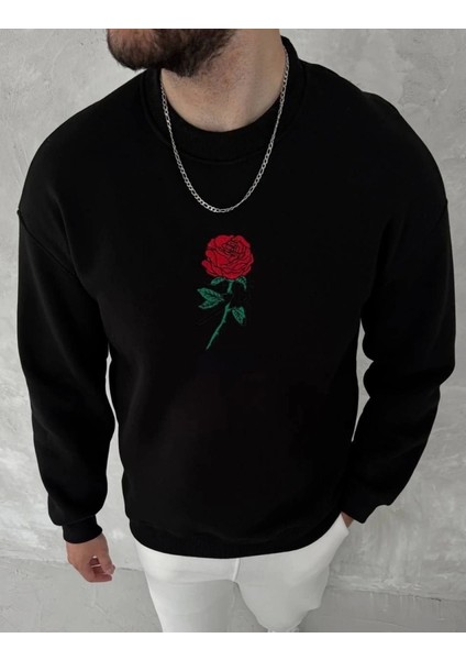 Unisex Bisiklet Yaka Ön ve Arka Baskılı Sweatshirt - Siyah