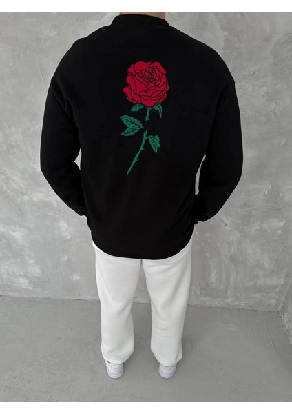 Unisex Bisiklet Yaka Ön ve Arka Baskılı Sweatshirt - Siyah fiyatları