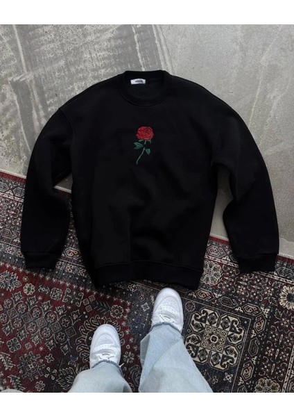 Unisex Bisiklet Yaka Ön ve Arka Baskılı Sweatshirt - Siyah fırsatları