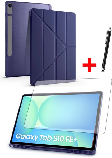 Samsung Tab S10 FE Plus 13,1” Uyumlu Tri-Folding Kalem Bölmeli Standlı Kılıf Ekran Koruyucu Kalem Set