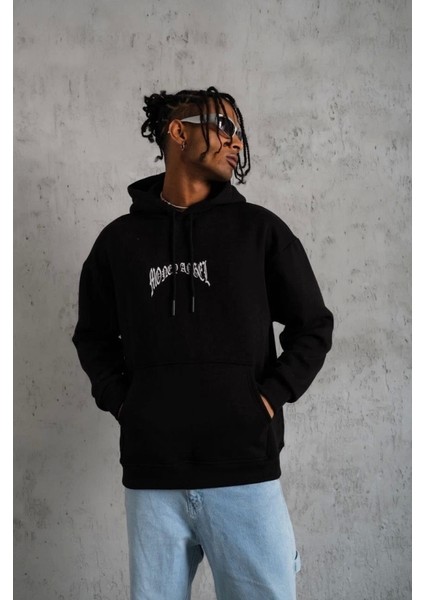Erkek Kordon Ipli Baskılı Kapüşonlu Sweatshirt - Siyah