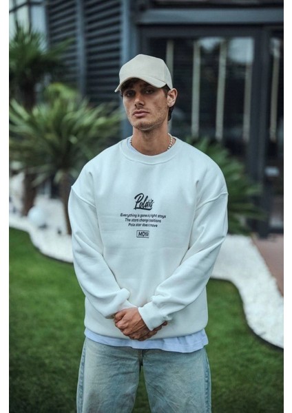 Kışlık Bisiklet Yaka Ön ve Arka Baskılı Sweatshirt - Beyaz