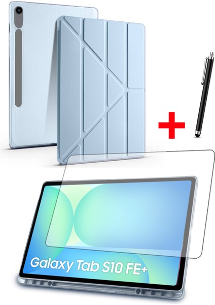 Samsung Tab S10 FE Plus 13,1” Uyumlu Tri-Folding Kalem Bölmeli Standlı Kılıf Ekran Koruyucu Kalem Set