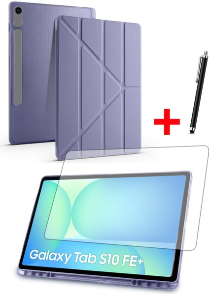 Samsung Tab S10FE Plus 13,1” Uyumlu Tri-Folding Kalem Bölmeli Standlı Kılıf Ekran Koruyucu Kalem Set