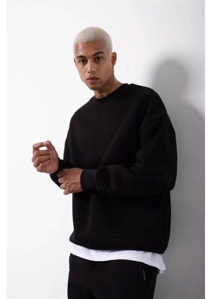 Unisex Biskilet Yaka Üç Iplik Sweatshirt - Siyah modelleri