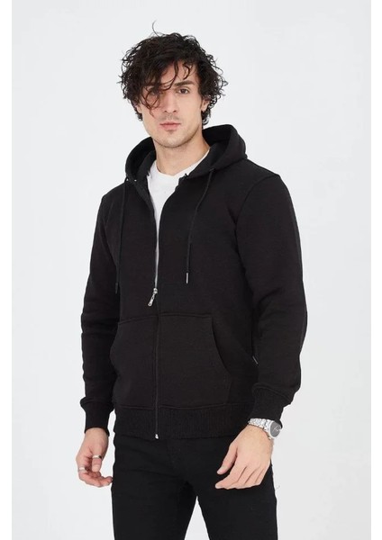 Erkek Kapüşonlu Düz Fermuarlı Hırka - Siyah fiyatları