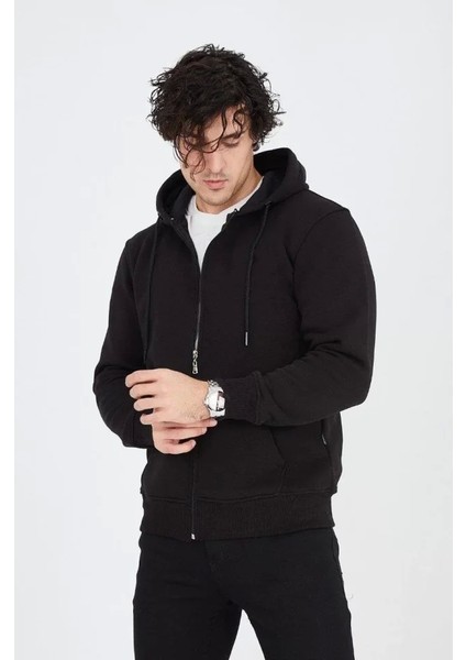 Erkek Kapüşonlu Düz Fermuarlı Hırka - Siyah modelleri