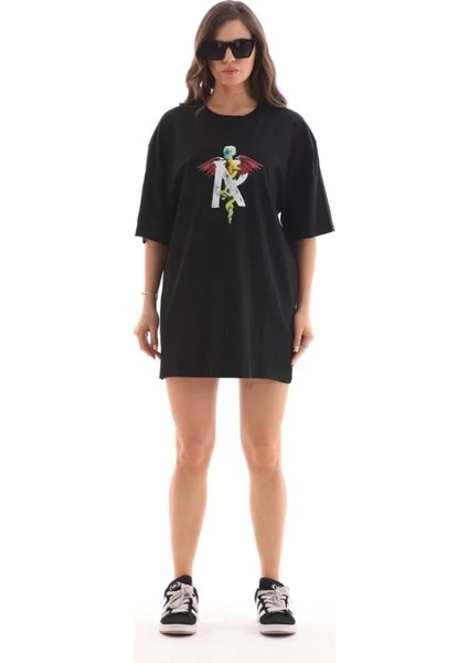 Unisex Bisiklet Yaka Baskılı Oversize T-Shirt - Siyah