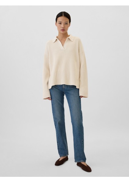 Kadın Kırık Beyaz V Yaka Yırtmaç Detaylı Kazak fırsatları