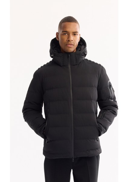 Erkek Siyah Kapüşonlu Kaz Tüyü Su İtici Rüzgar Geçirmez -10°C Dayanıklı Şişme Mont A52Y6067