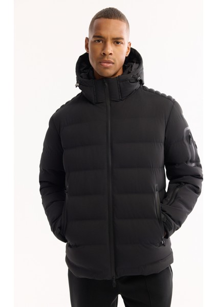 Erkek Siyah Kapüşonlu Kaz Tüyü Su İtici Rüzgar Geçirmez -10°C Dayanıklı Şişme Mont A52Y6067