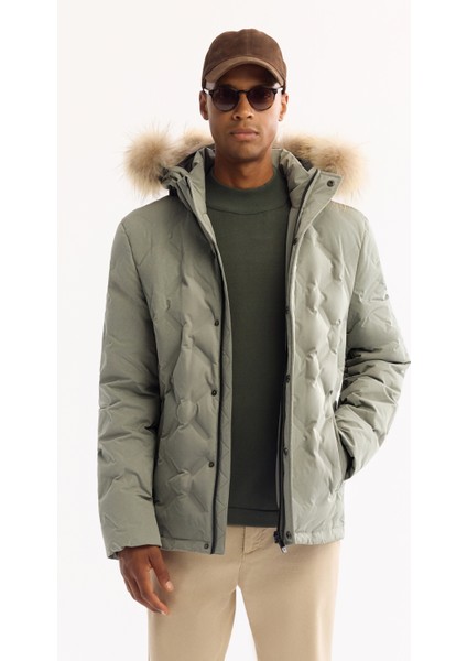 Erkek Nil Yeşili Kapüşonlu %100 Kaz Tüyü Su İtici Rüzgar Geçirmez -10°CDayanıklı Mont A52Y6166