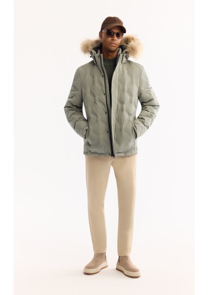 Erkek Nil Yeşili Kapüşonlu %100 Kaz Tüyü Su İtici Rüzgar Geçirmez -10°CDayanıklı Mont A52Y6166