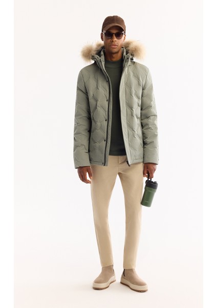 Erkek Nil Yeşili Kapüşonlu %100 Kaz Tüyü Su İtici Rüzgar Geçirmez -10°CDayanıklı Mont A52Y6166