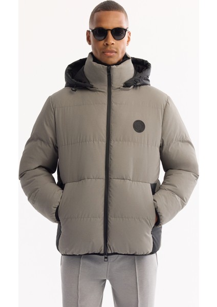 Erkek Koyu Gri Kapüşonlu Su İtici Rüzgar Geçirmez -10°C Dayanıklı Şişme Mont A52Y6150