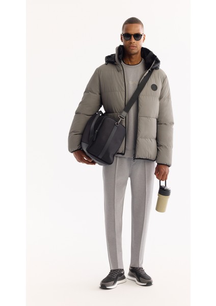 Erkek Koyu Gri Kapüşonlu Su İtici Rüzgar Geçirmez -10°C Dayanıklı Şişme Mont A52Y6150