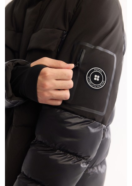 Erkek Siyah Kapüşonlu Su İtici Rüzgar Geçirmez -10°C Dayanıklı Uzun Şişme Mont A52Y6125