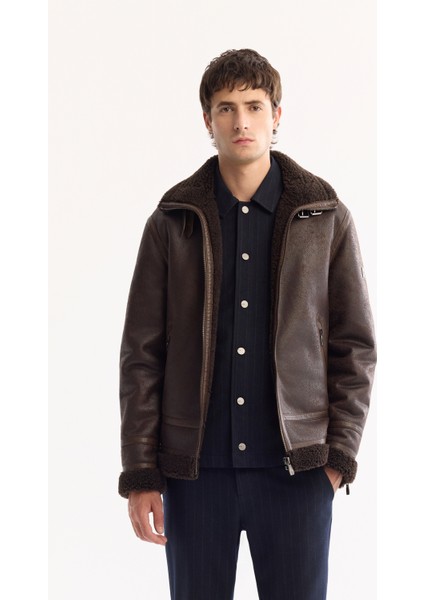 Erkek Kahve Kürklü Yaka Deri Görünümlü Napa Comfort Fit Mont A52Y6060