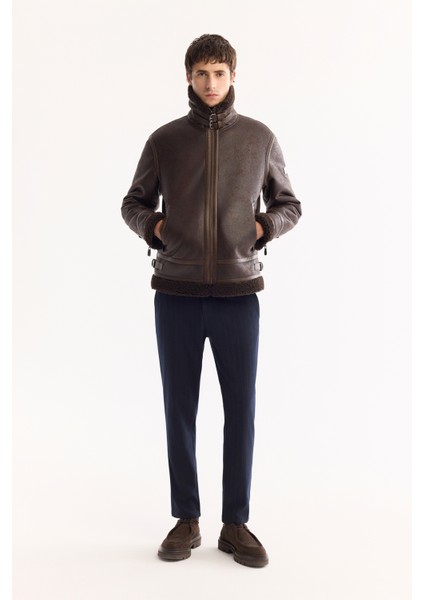 Erkek Kahve Kürklü Yaka Deri Görünümlü Napa Comfort Fit Mont A52Y6060