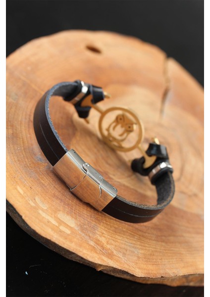 Gold Renk Baykuşlu Metal Aksesuarlı Siyah Renk Deri Erkek Bileklik fiyatları