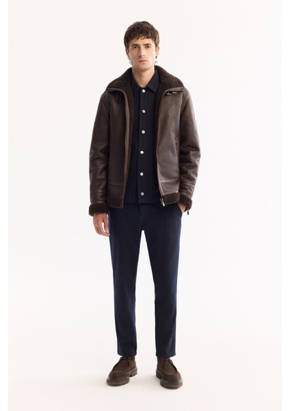 Erkek Kahve Kürklü Yaka Deri Görünümlü Napa Comfort Fit Mont A52Y6060