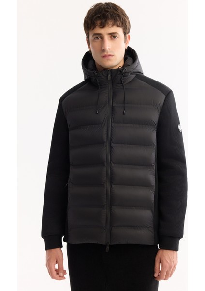 Erkek Siyah Kapüşonlu Su İtici Rüzgar Geçirmez -10°C Dayanıklı Şişme Comfort Fit Mont A52Y6155