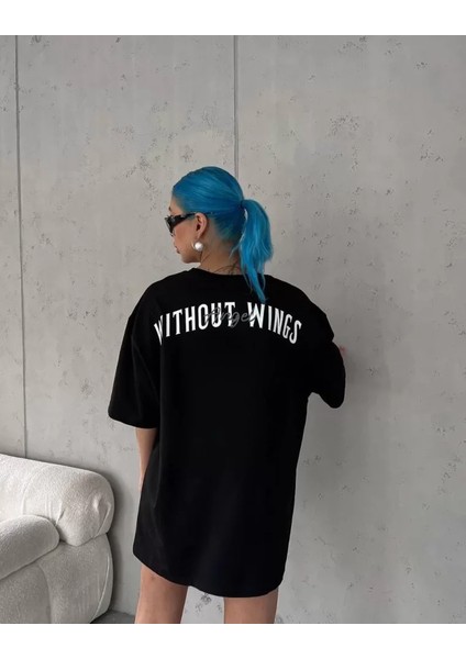 Unisex Bisiklet Yaka Baskılı Oversize T-Shirt - Siyah modelleri