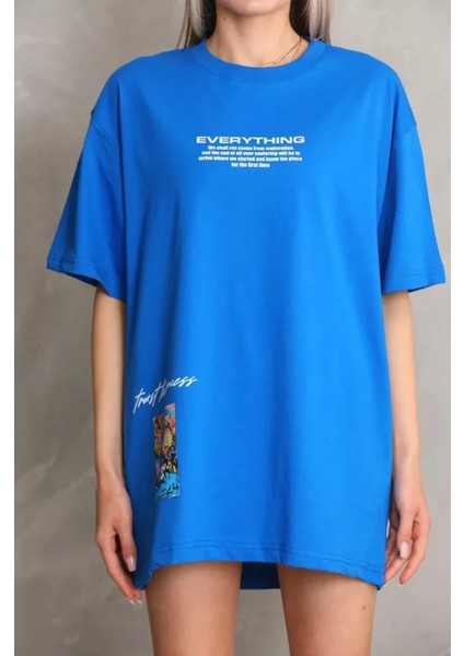 Unisex Bisiklet Yaka Baskılı Oversize T-Shirt - Mavi fiyatları