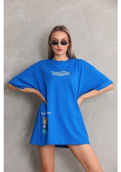 Unisex Bisiklet Yaka Baskılı Oversize T-Shirt - Mavi modelleri