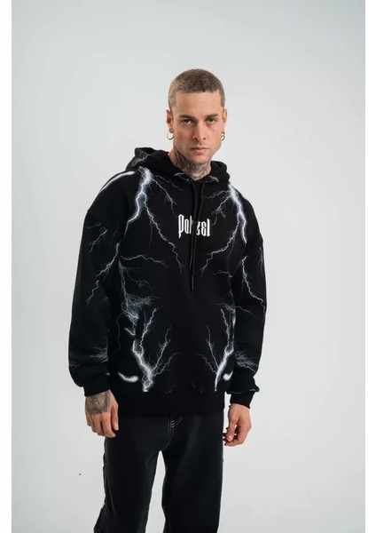 Double Oversize Kapşonlu Şimşek Pano Baskılı Sweatshirt - Siyah