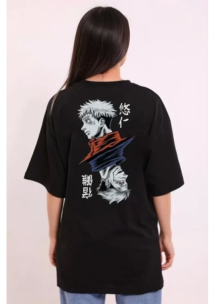 Unisex Bisiklet Yaka Baskılı Oversize T-Shirt - Siyah fiyatları