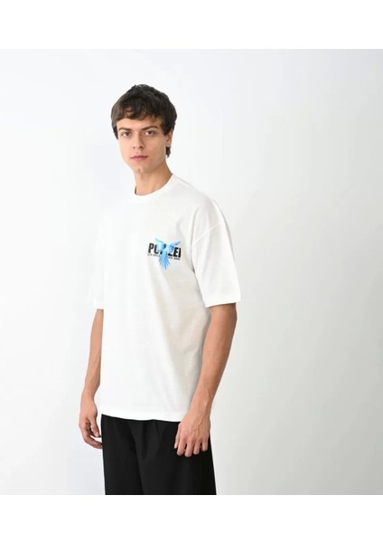 Unisex Bisiklet Yaka Baskılı Oversize T-Shirt - Beyaz modelleri