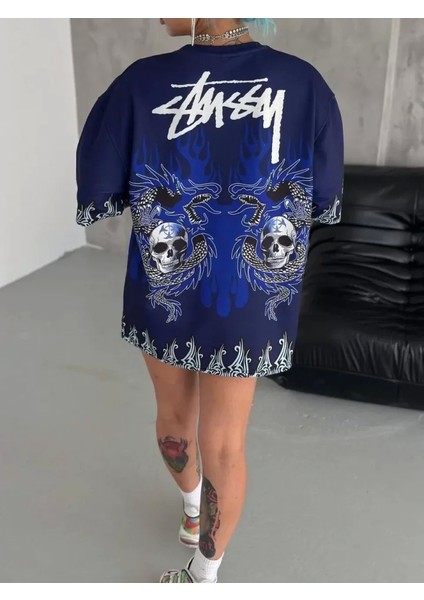 Unisex Bisiklet Yaka Baskılı Oversize T-Shirt - Lacivert fırsatları