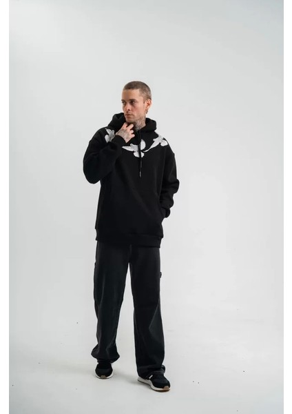 Unisex Uzun Kol Bisiklet Yaka Yıkamalı Sweatshirt - Siyah modelleri