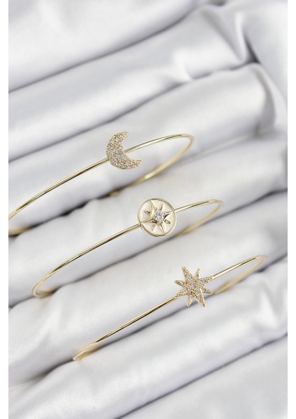 Pirinç Zirkon Taşlı Ay ve Kutup Yıldızı Model Gold Renk Vip 3 Lü Kadın Bileklik fiyatları