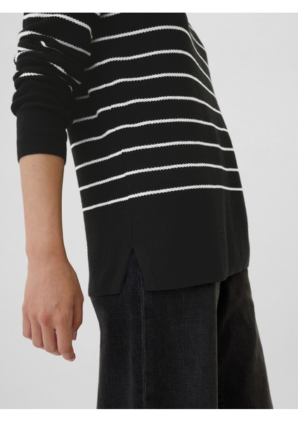 Kadın Siyah Dokulu Çizgili Bisiklet Yaka Kazak modelleri
