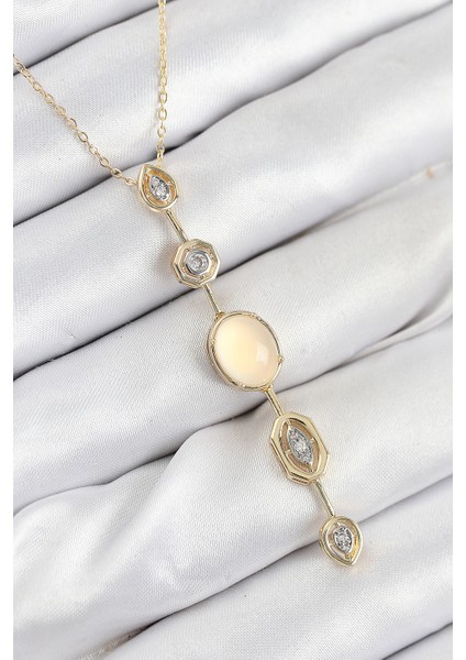 Erb Pirinç Zincir Sarı Gold Renk Zirkon Taşlı Y Kolye