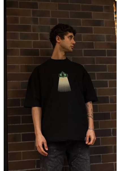 Unisex Bisiklet Yaka Baskılı Oversize T-Shirt - Siyah