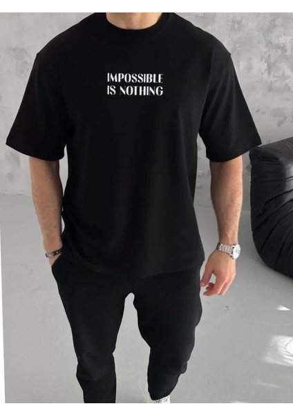 Unisex Bisiklet Yaka Baskılı Oversize T-Shirt - Siyah