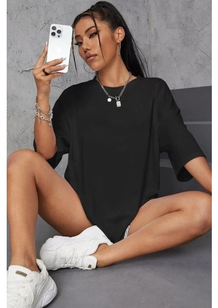 Unisex Baskılı Oversize T-Shirt - Siyah fiyatları