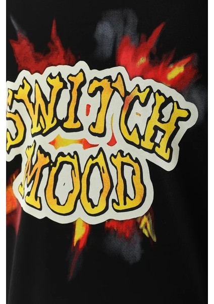 Unisex Oversize Baskılı Bisiklet Yaka T-Shirt - Siyah fırsatları