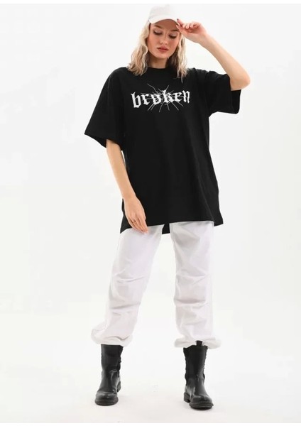 Unisex Baskılı Oversize T-Shirt - Siyah modelleri