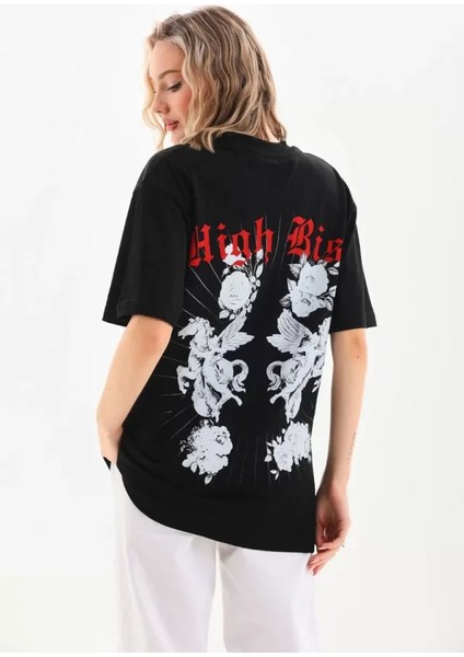 Unisex Baskılı Oversize T-Shirt - Siyah
