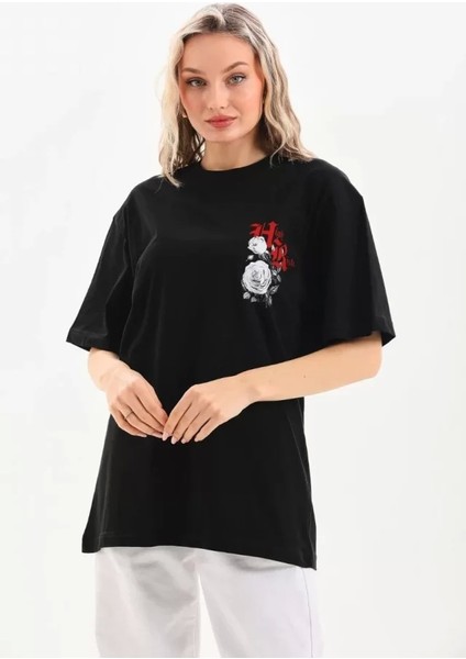 Unisex Baskılı Oversize T-Shirt - Siyah fiyatları