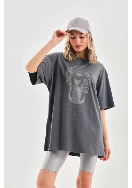 Unisex Taş Desenli Oversize T-Shirt - Füme fırsatları