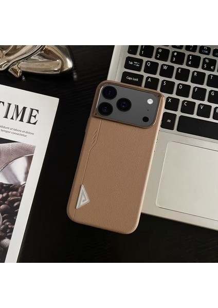 Apple iPhone 17 Pro Max Uyumlu Kılıf Zebana Arvento Elite Deri Kılıf (Kablosuz Şarj) Desert Titanyum